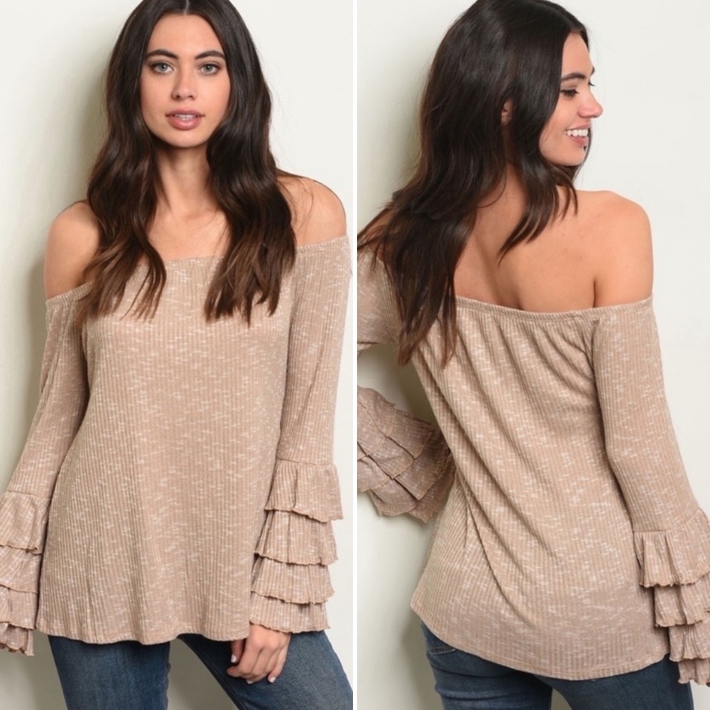 Taupe Off Shoulder Ribbed Top